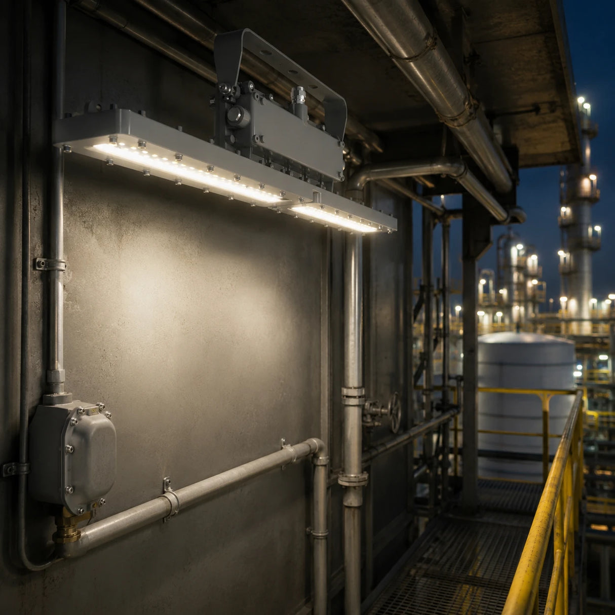 80W 12,000lm explosion proof linear light illuminating a refinery catwalk with 4000K neutral white light.