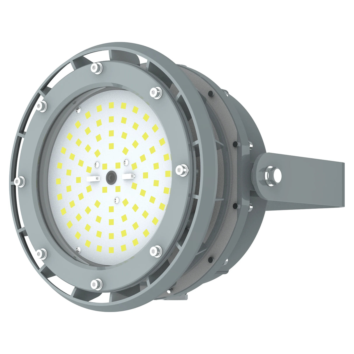 Bottom view of 60W C1D2 LED explosion proof high bay showing the high-performance lens and 8,400lm output.