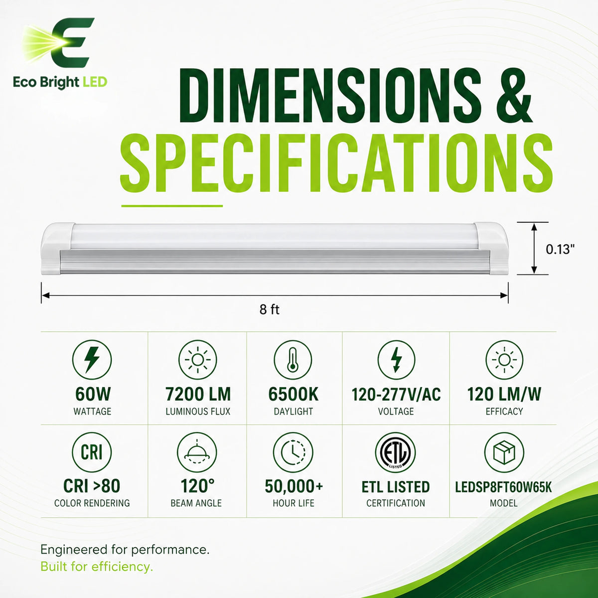 Dimensions and specifications for 8FT 60W Integrated LED Tube Light for, including measurements and performance data.
