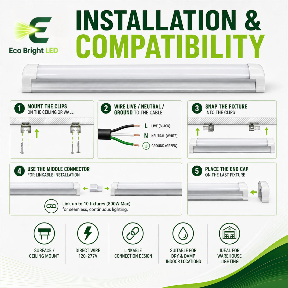 Installation and mounting details for 8FT 60W Integrated LED Tube Light, including compatibility and wiring guidance.