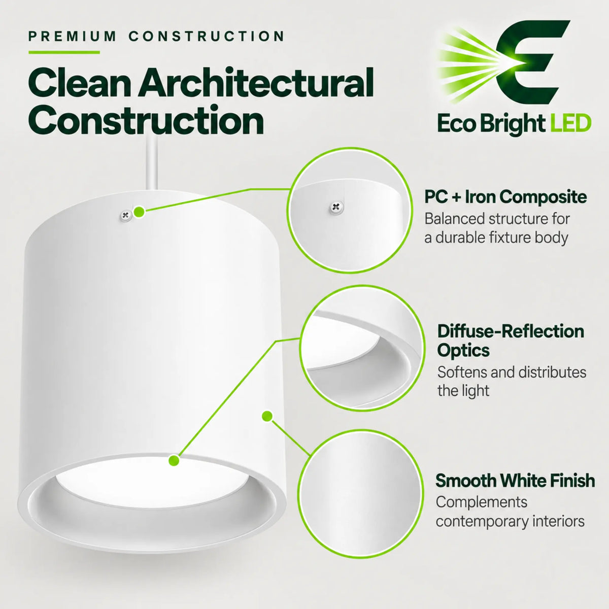 White 9 inch 18W LED cylinder downlight showing composite body, diffuse reflection optics, and smooth finish