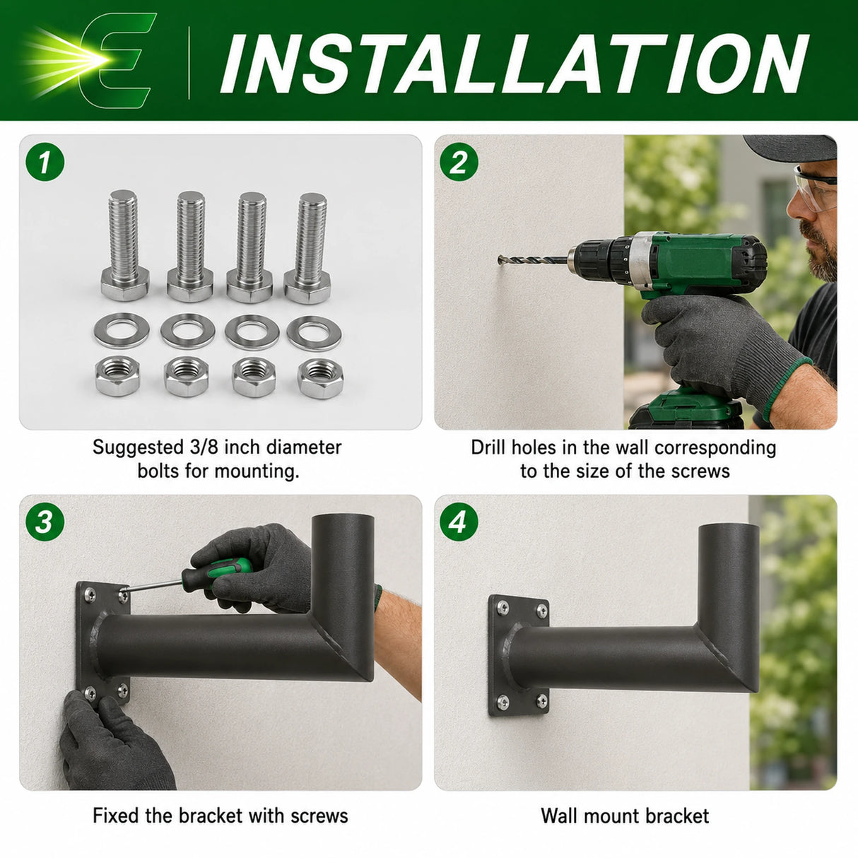 Black 90-degree wall mount bracket with 2-3/8 inch tenon, shown with bolts and installation steps for area lights