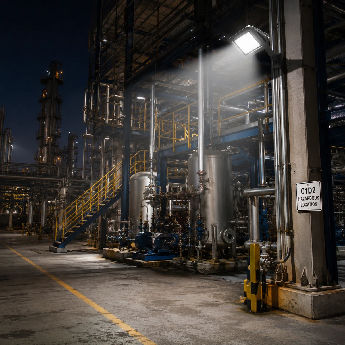 C1D2 explosion proof square flood light 60W illuminating outdoor petrochemical refinery at night with pressure vessels and C1D2 hazard sign, 8400lm
