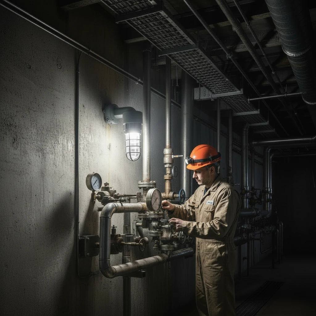 C1D2 explosion proof jelly jar LED 27W wall-mounted in underground pump room, worker inspecting valves and gauges, 2700lm 5000K