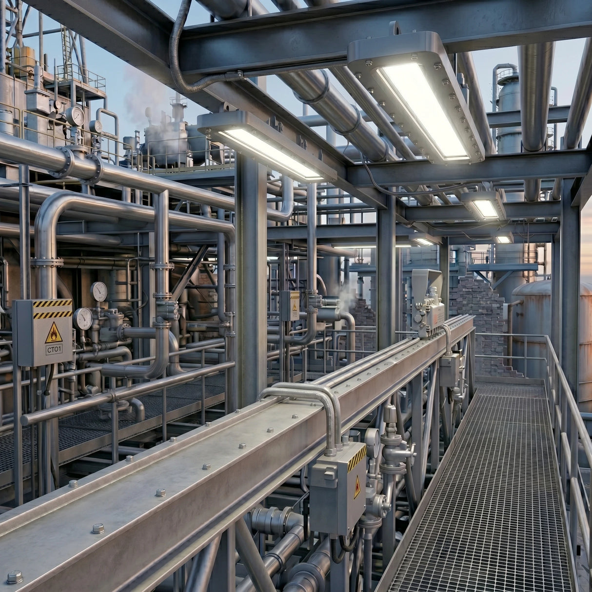 Industrial plant interior featuring a metal walkway, intricate piping, pressure gauges, and bright linear high-bay LED lights.
