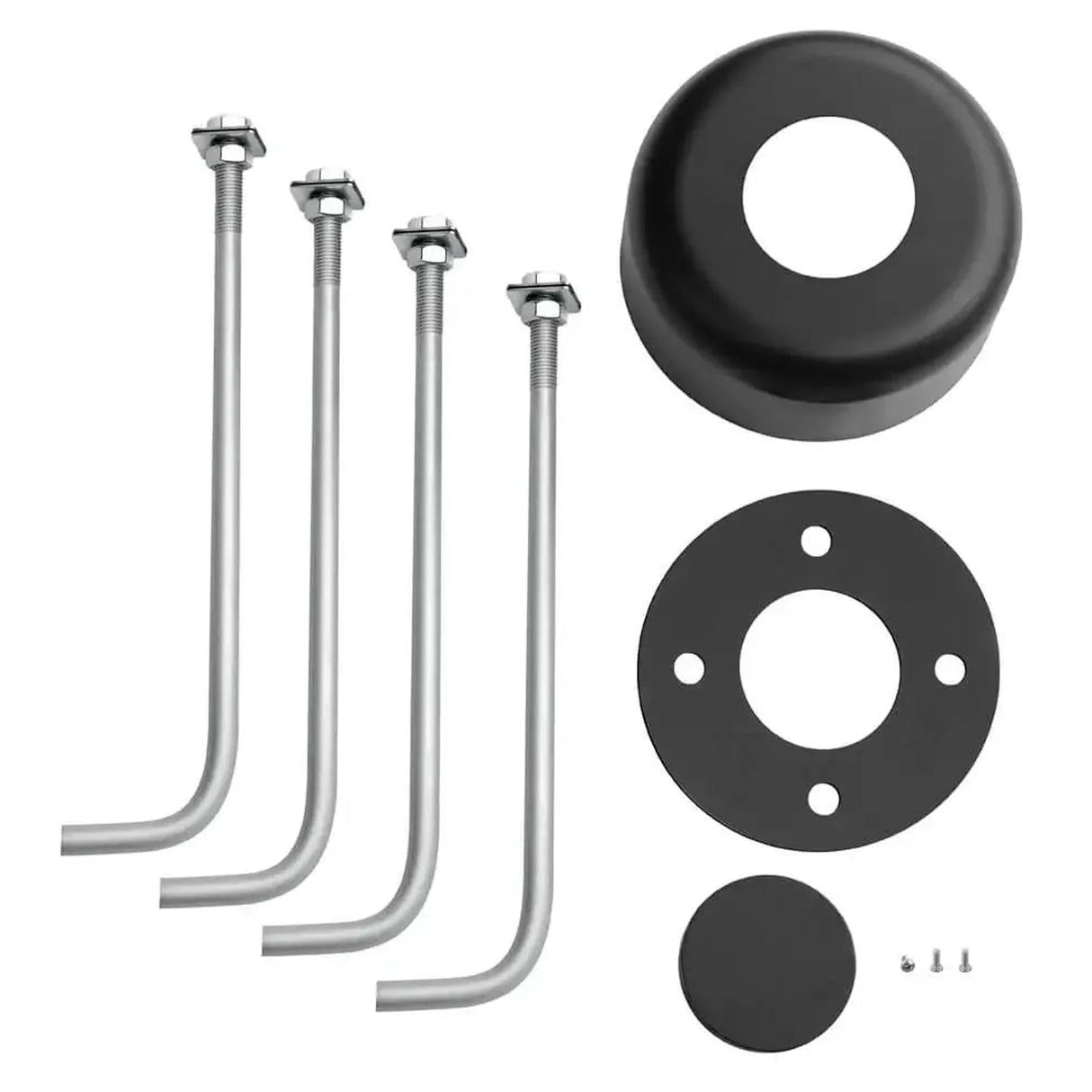 Round steel light pole accessories kit: 4 galvanized anchor bolts, base cover, mounting plate, pole cap and screws