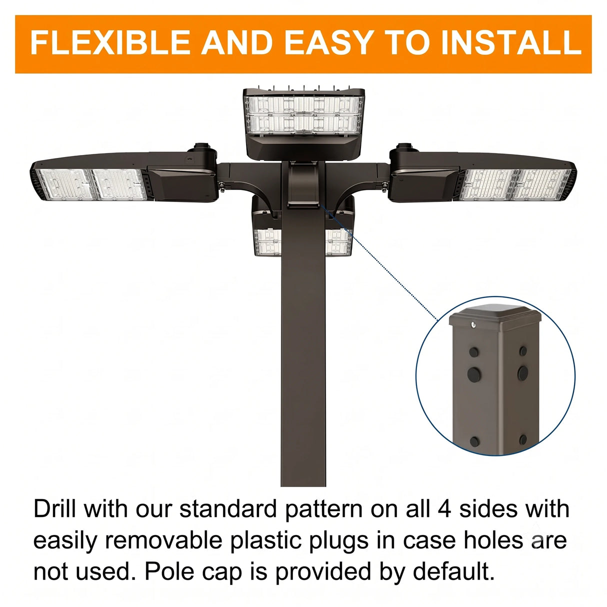 Square steel light pole with flexible drill pattern on all 4 sides for area light and parking lot light mounting