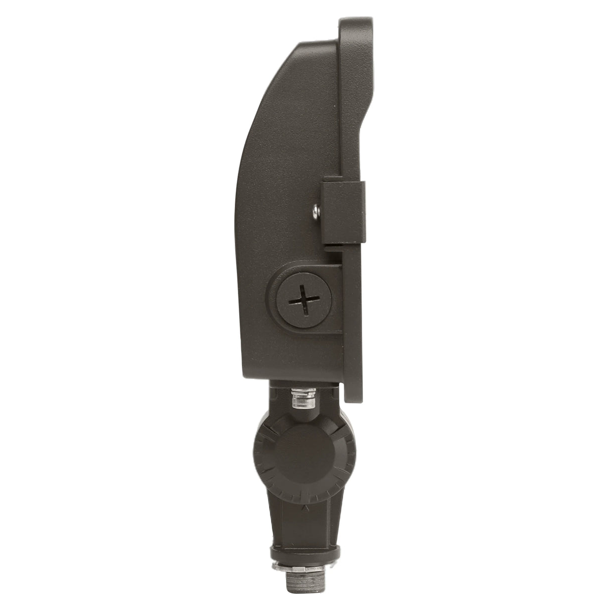 Side view of a black knuckle mount LED flood light housing with adjustable mounting hardware