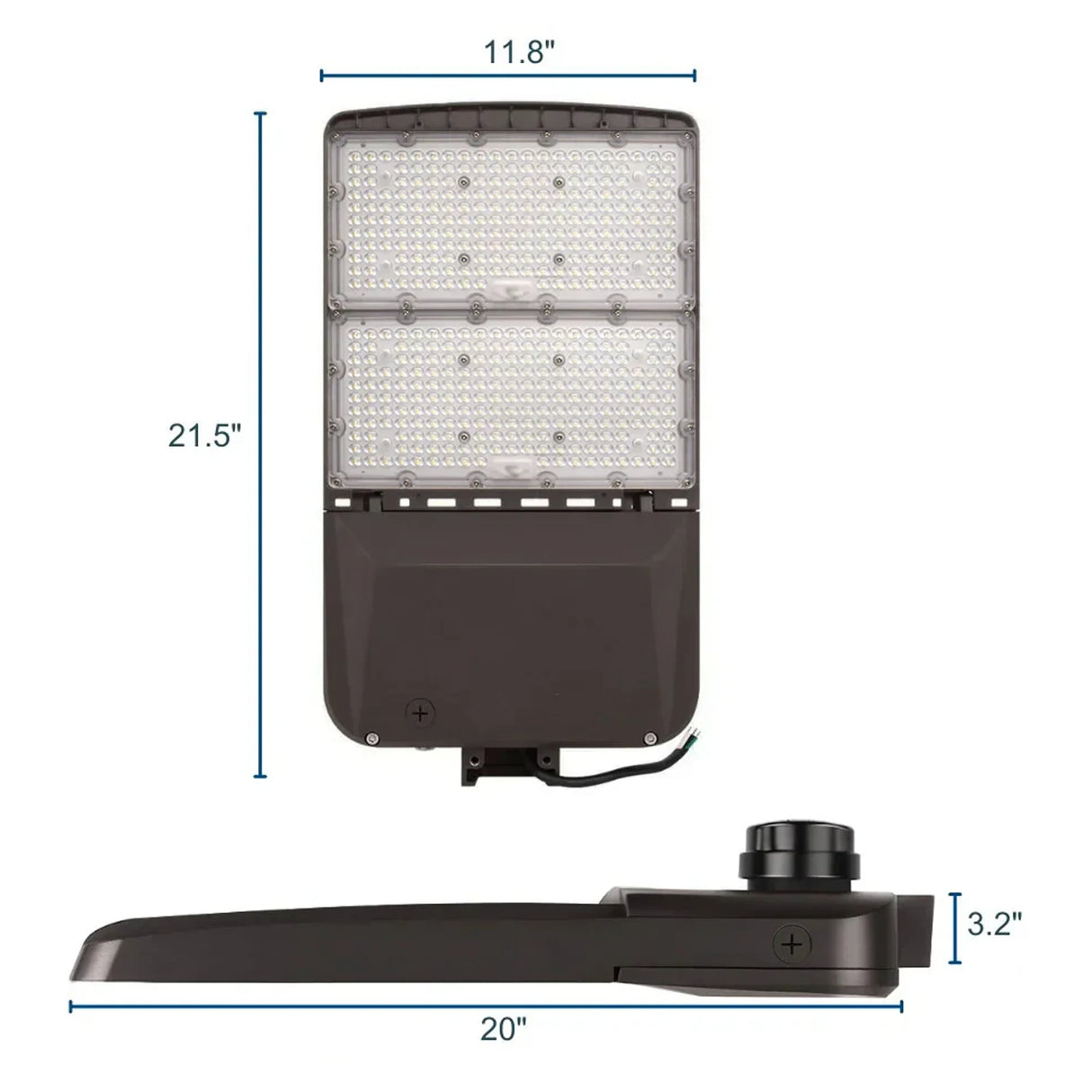 Black LED area light with two-panel lens layout and shown dimensions for parking lot mounting