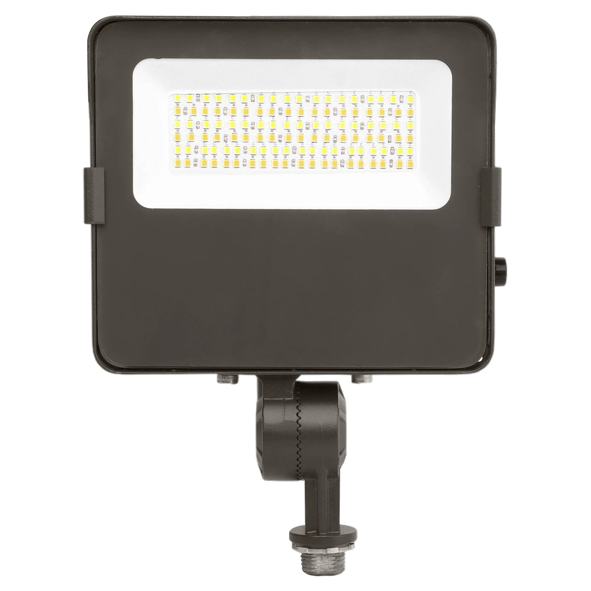 Black LED flood light with rectangular housing, integrated LED panel, and knuckle mount on a white background