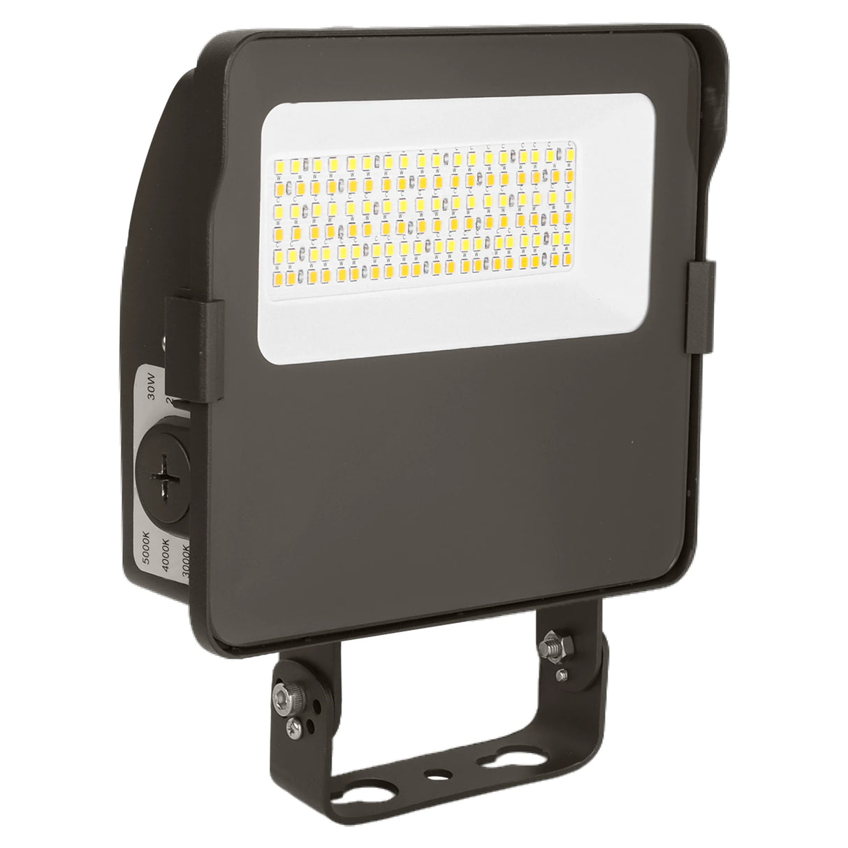 Black LED flood light with selectable CCT panel, trunnion mount, and front LED array