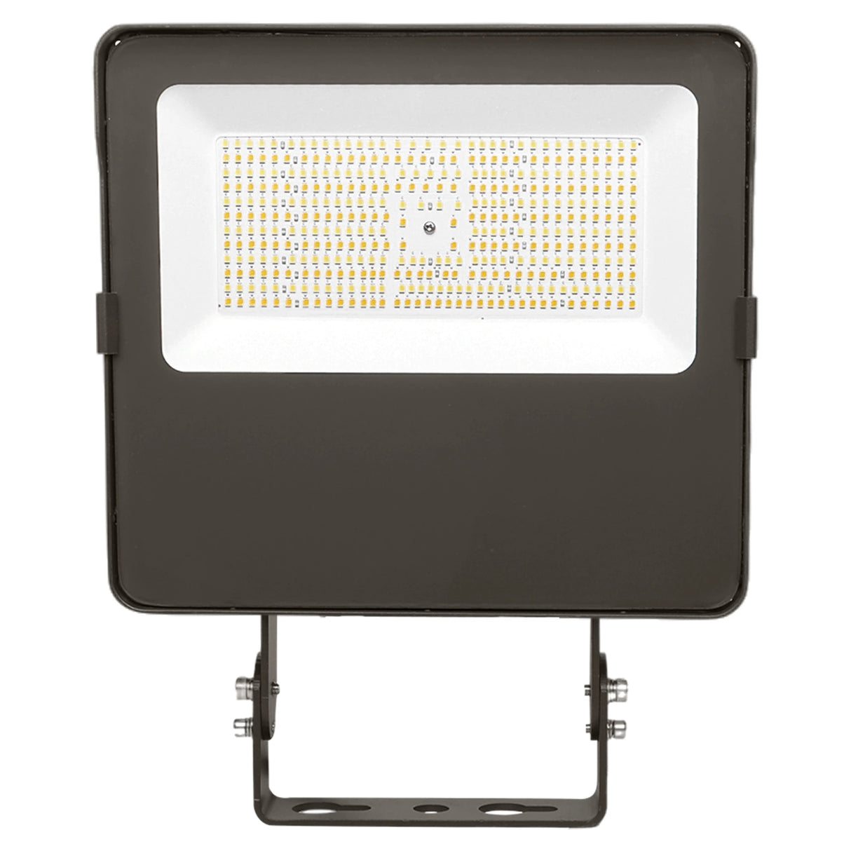 Front view of a black LED flood light with trunnion mount and rectangular LED panel