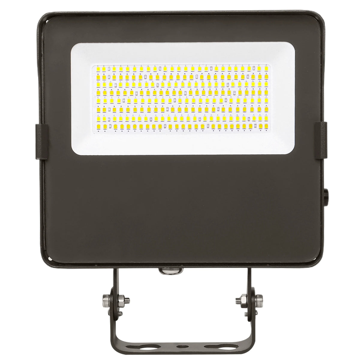 Black LED flood light with integrated panel and trunnion mount for outdoor security lighting