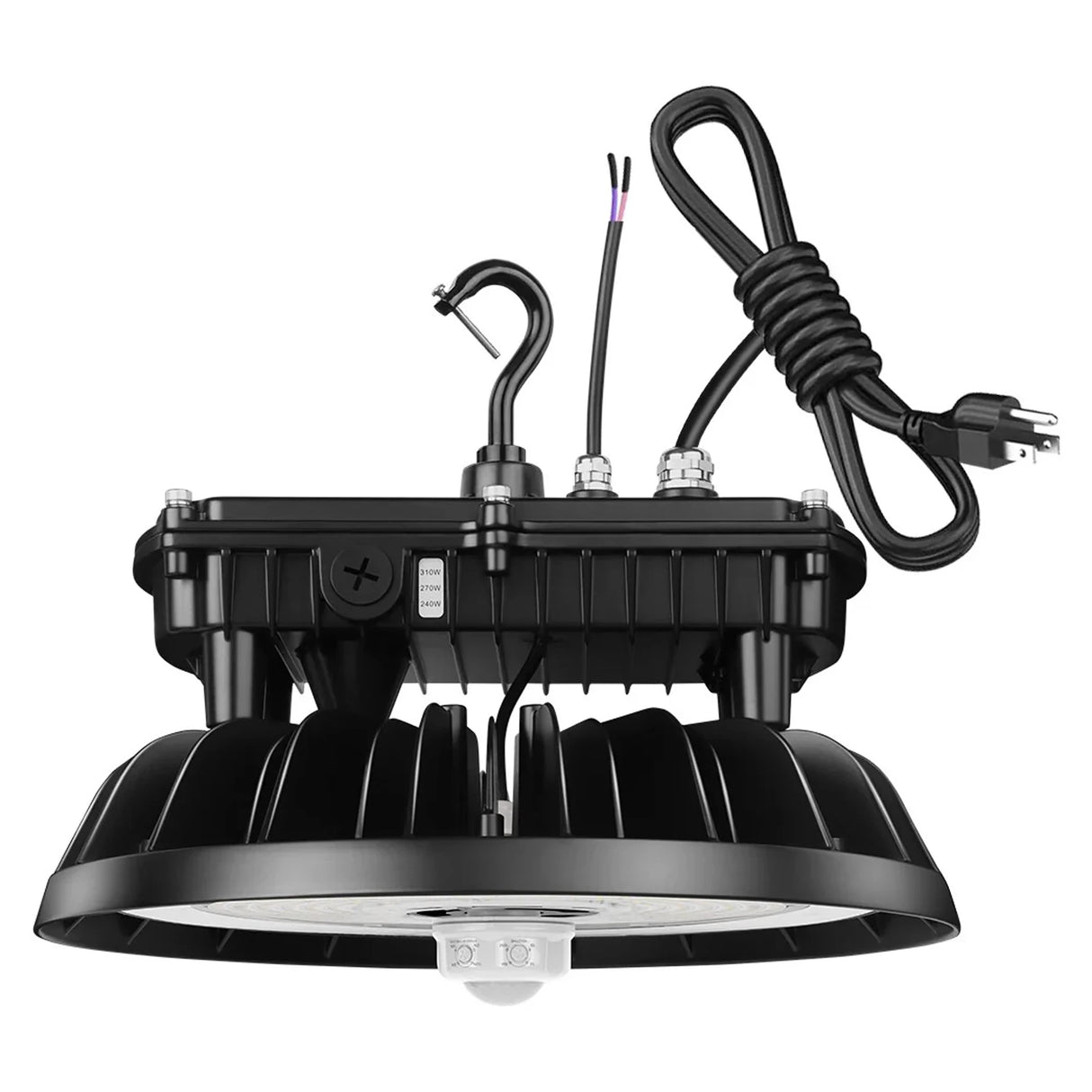 black ufo led high bay light with adjustable wattage, power cord, and hanging hook on white background