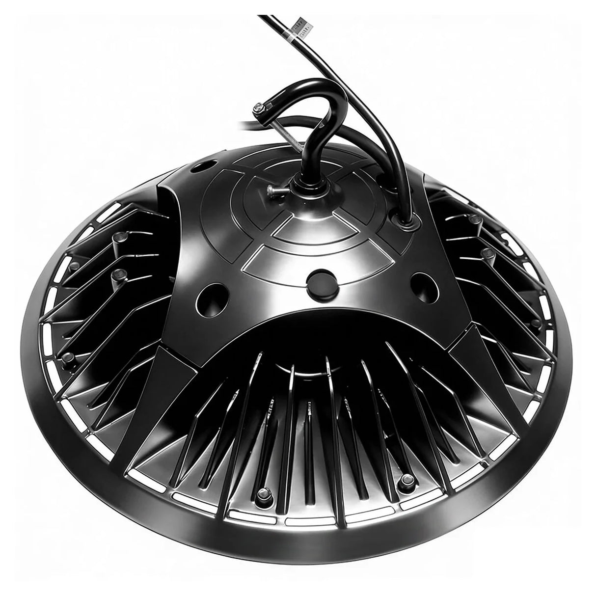 Black UFO LED high bay light with finned heat sink and hanging hook for industrial ceiling mounting