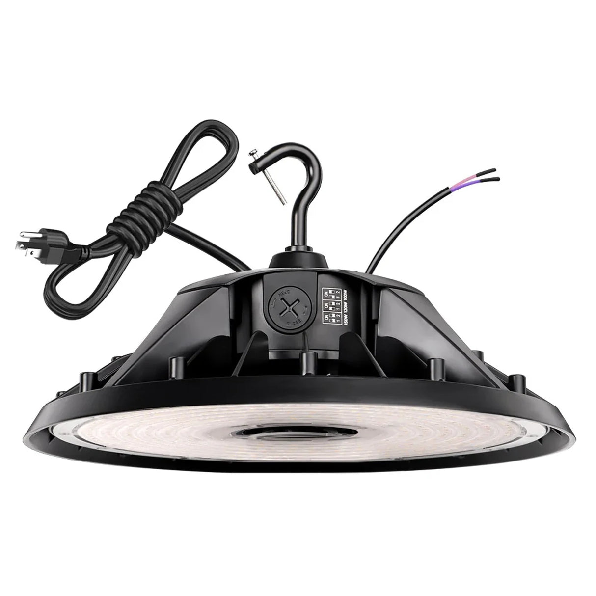 Black UFO LED high bay light with hook mount, power cord, and selectable wattage switch
