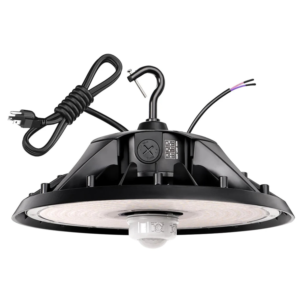 Black UFO LED high bay light with selectable wattage, power cord, and motion sensor attachment