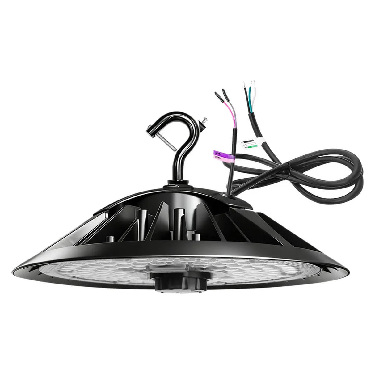 Black UFO LED high bay light with hook mount, clear lens, and wiring leads for industrial ceiling installation