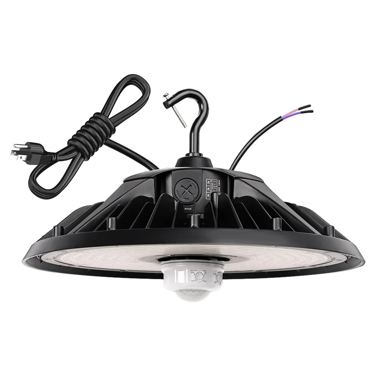Black UFO LED high bay light with motion sensor, power cord, and hanging hook for warehouse ceiling mounting