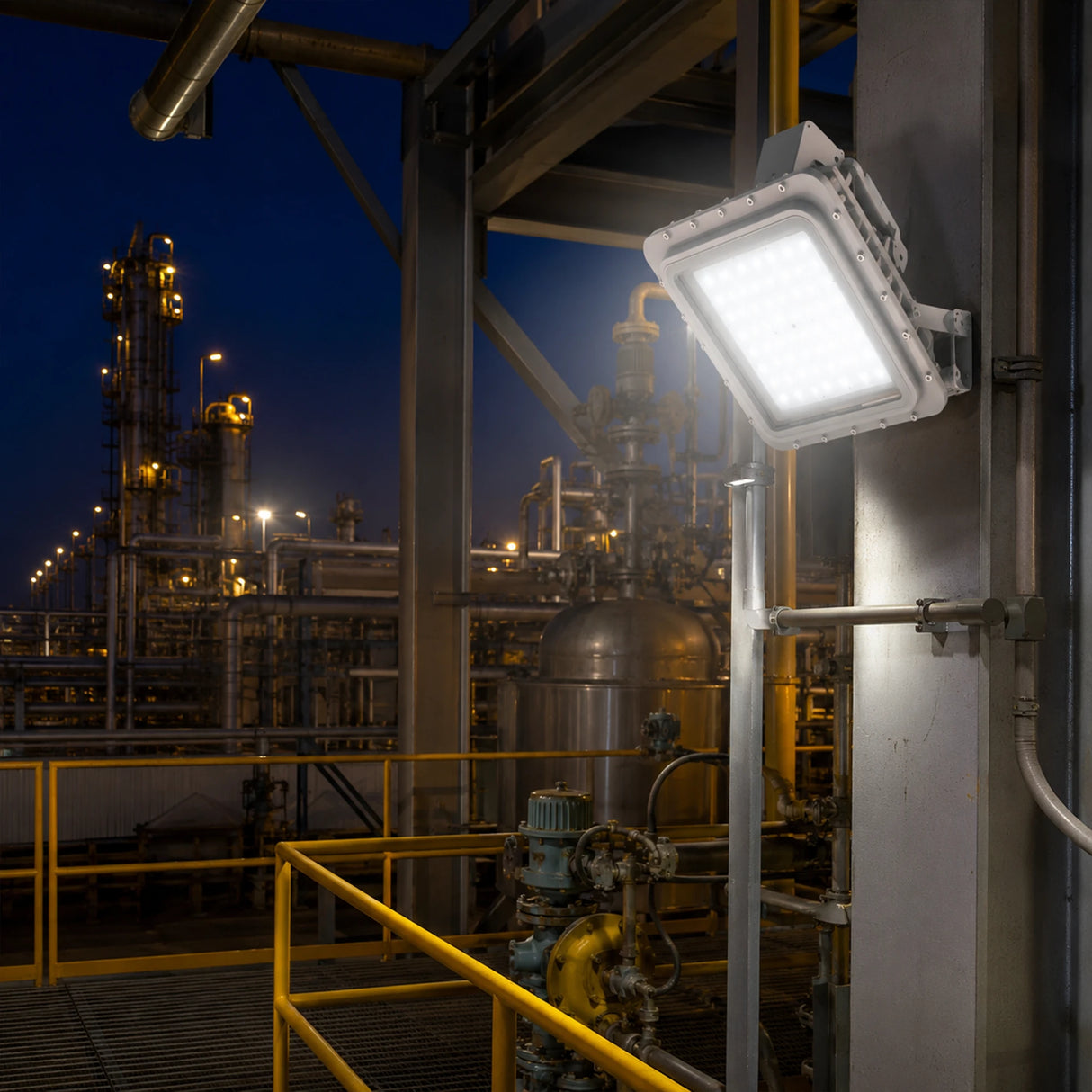 C1D1 LED explosion proof square flood light illuminating refinery equipment at night