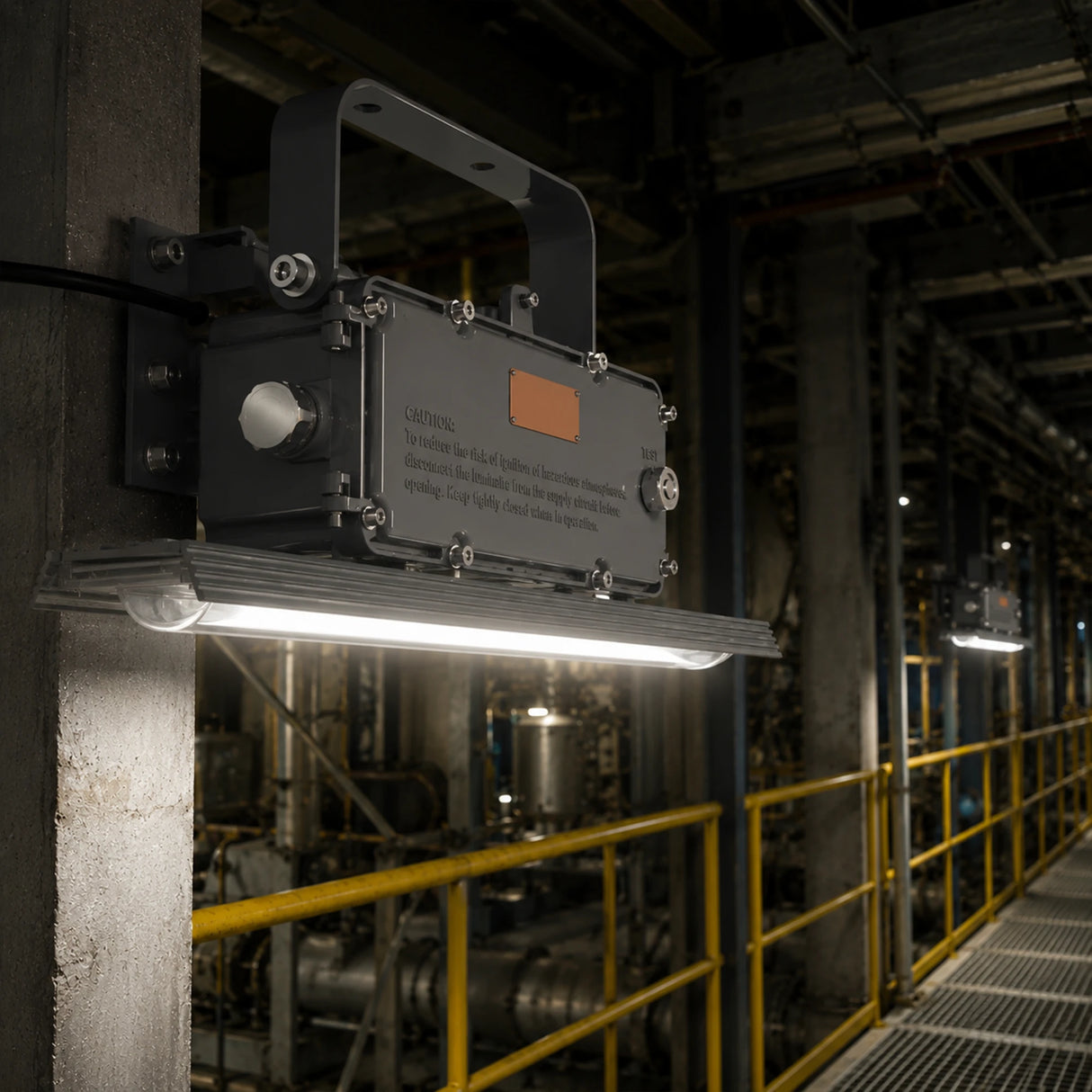 C1D2 LED explosion proof linear fixture illuminating an industrial plant walkway