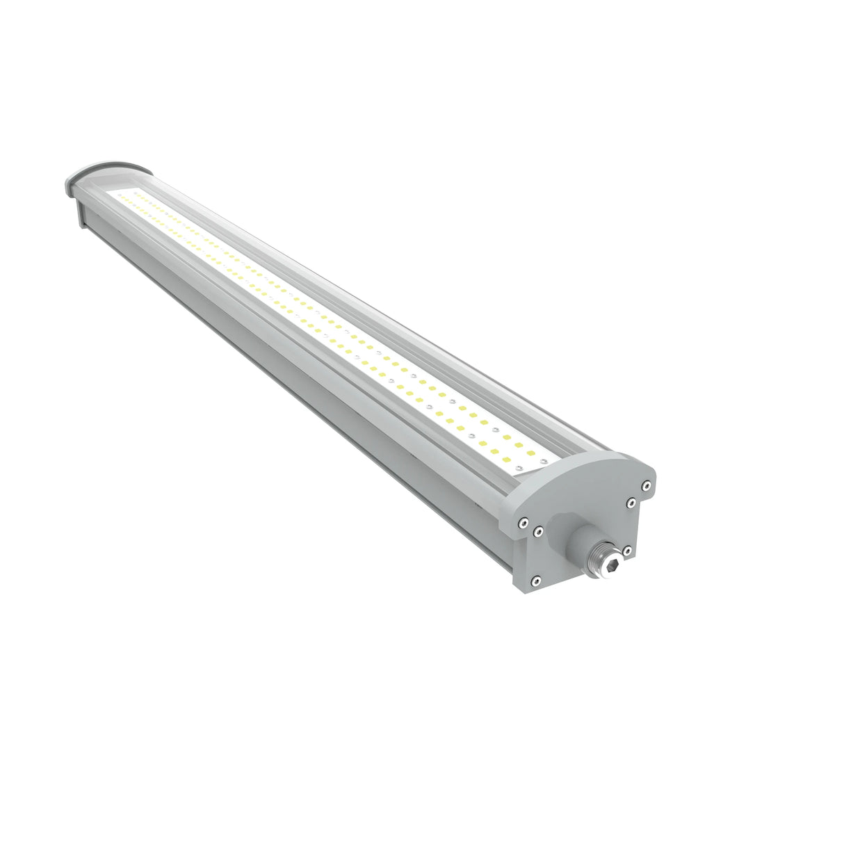 Close-up of the end cap and driver compartment on a 60W Class I Div 2 LED 1x4 linear explosion proof light fixture.