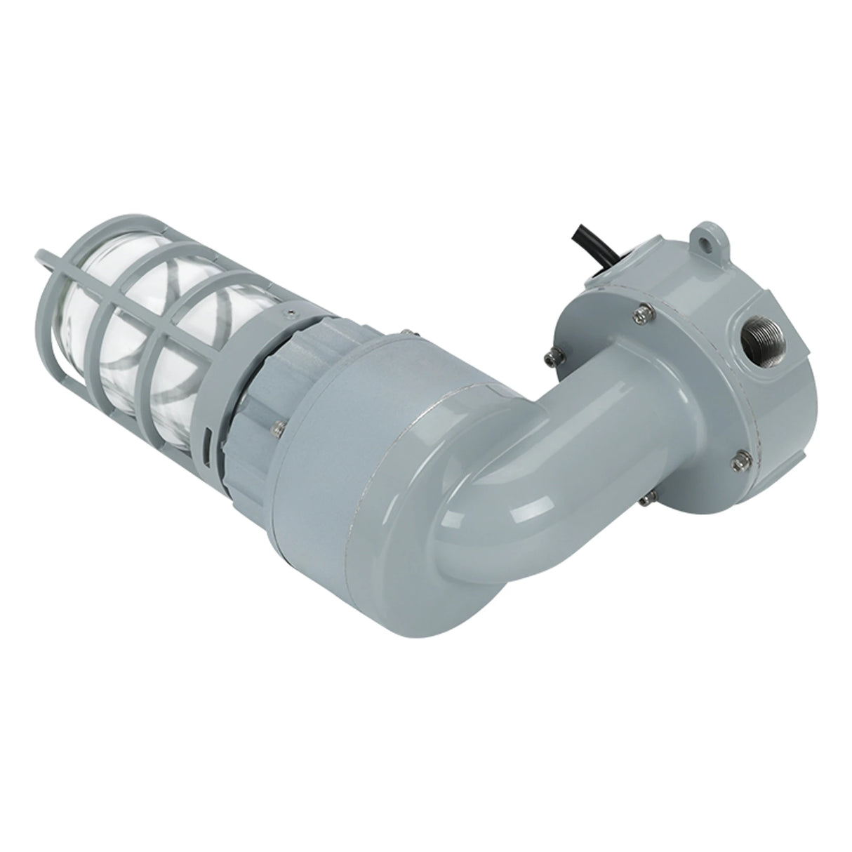 Detailed view of the wall mount junction box and 90-degree arm on a 20W Class I Div 2 LED explosion proof fixture.