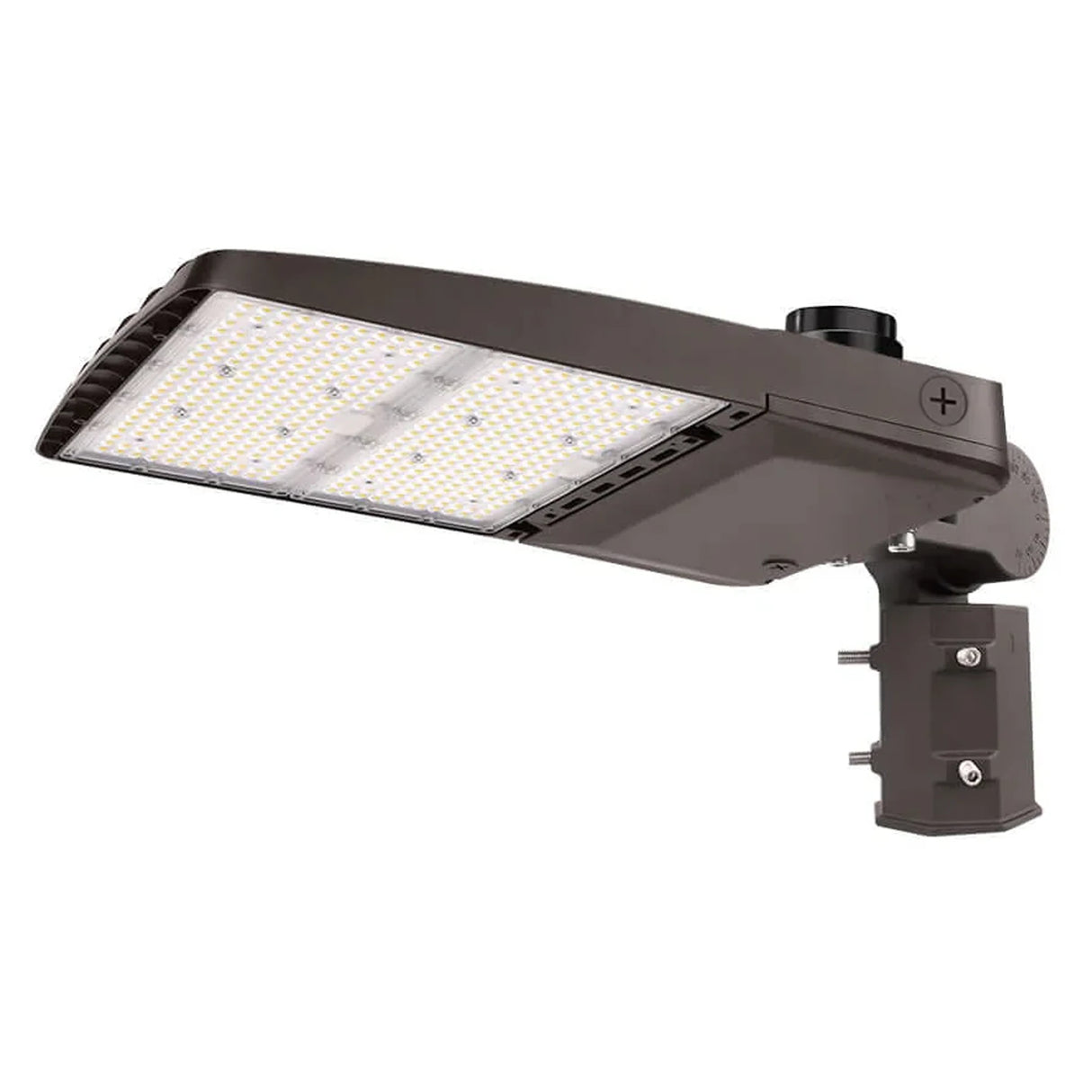 Dark bronze LED area light with flat rectangular lens and adjustable pole mount for outdoor roadway lighting