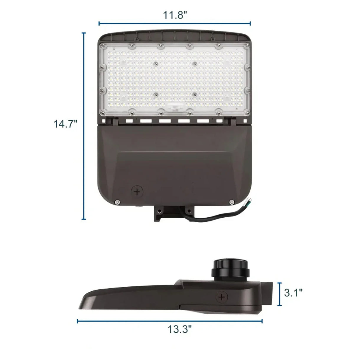 Dark bronze LED area light with selectable wattage shown in front and side views with dimensions