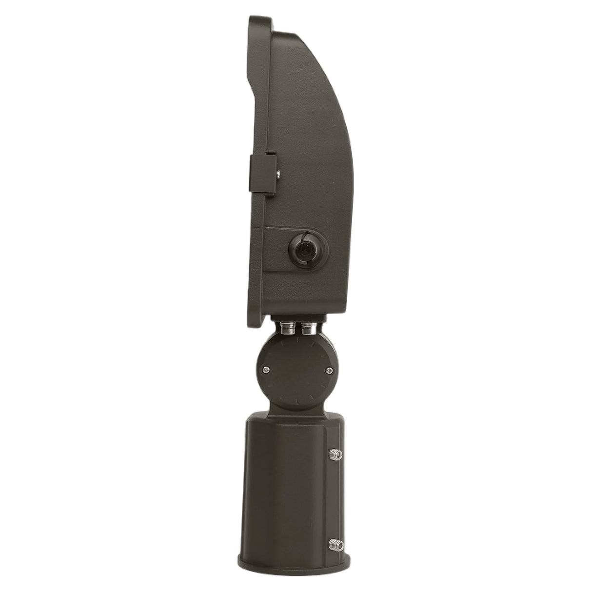 Side view of a dark bronze LED flood light with slipfitter mount and adjustable housing