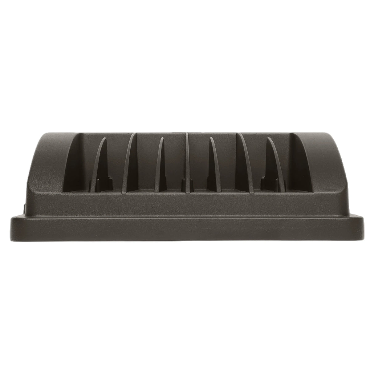 dark gray led flood light housing with ribbed heat sink and smooth rectangular base