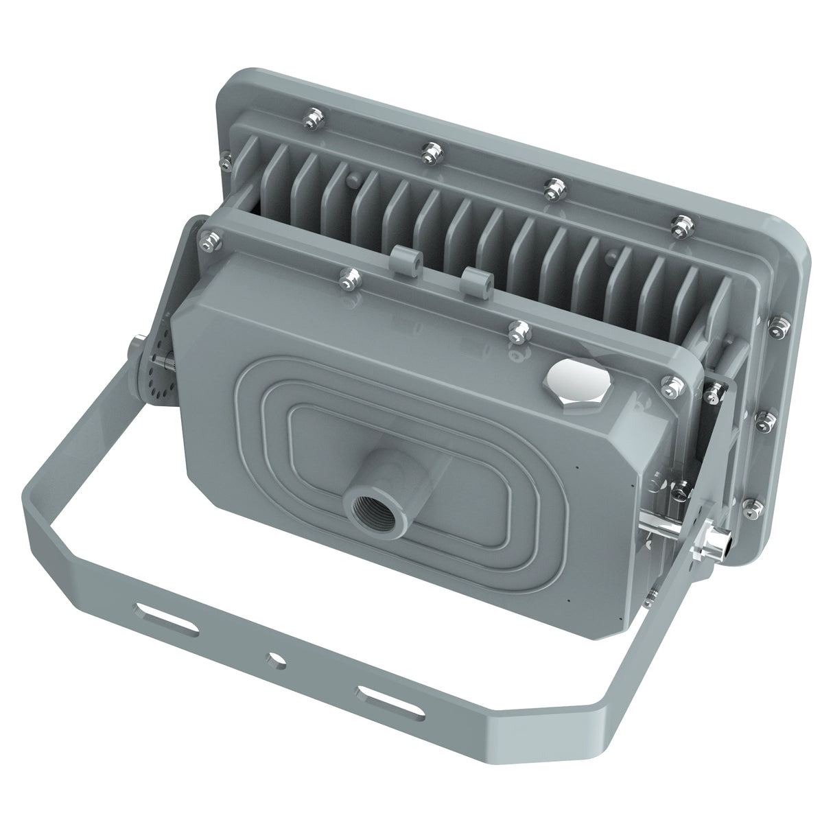 Detailed view of the copper-free aluminum body and sealed junction box of an 80W Class 1 Div 2 explosion proof light.