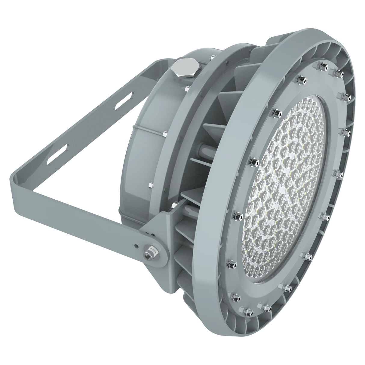 Side view of 200W C1D2 explosion proof LED high bay light, 28,000 lumens 4000K for hazardous industrial areas.