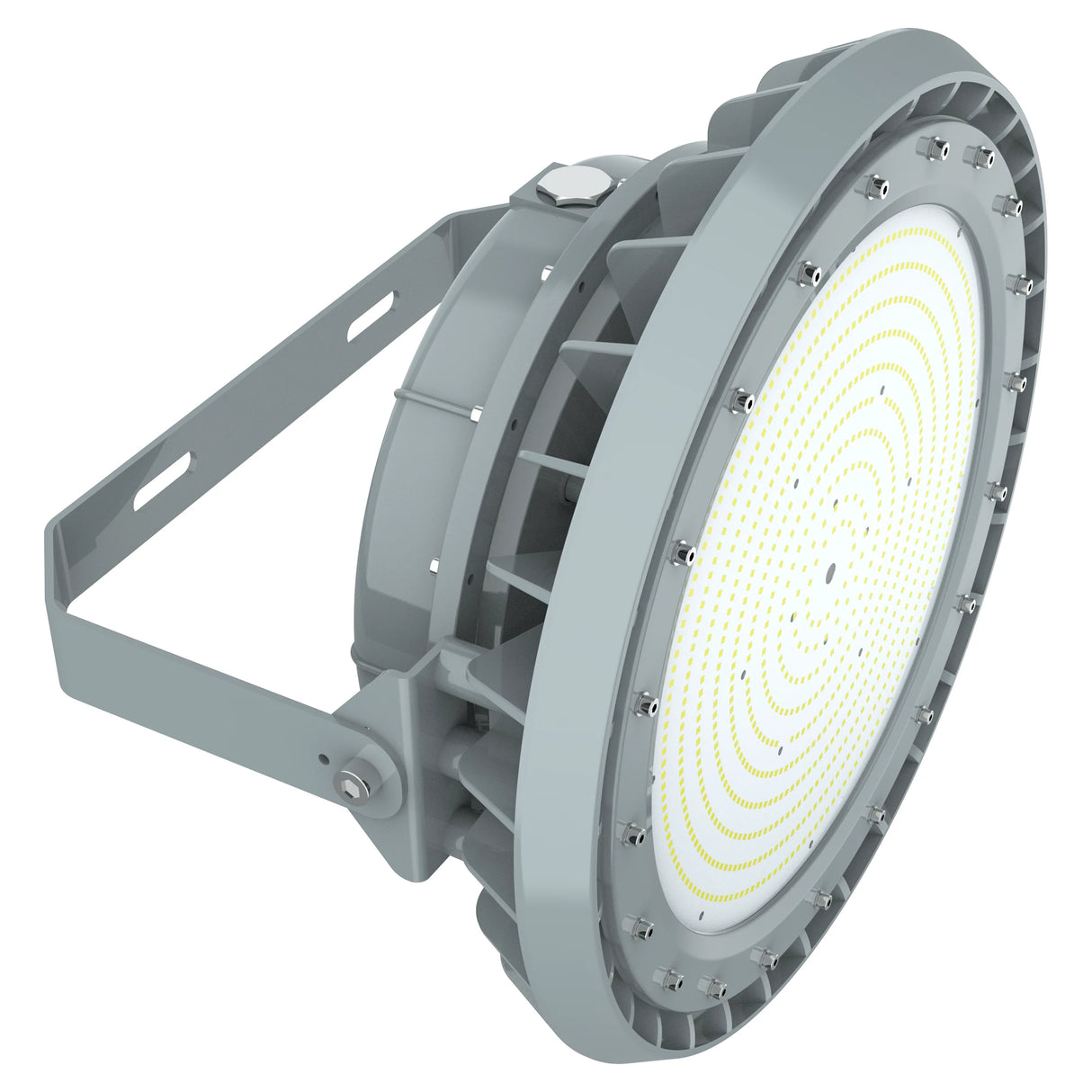 250W C1D2 explosion proof round LED high bay light, 35,000 lumens 5000K, heavy-duty fixture for industrial safety.