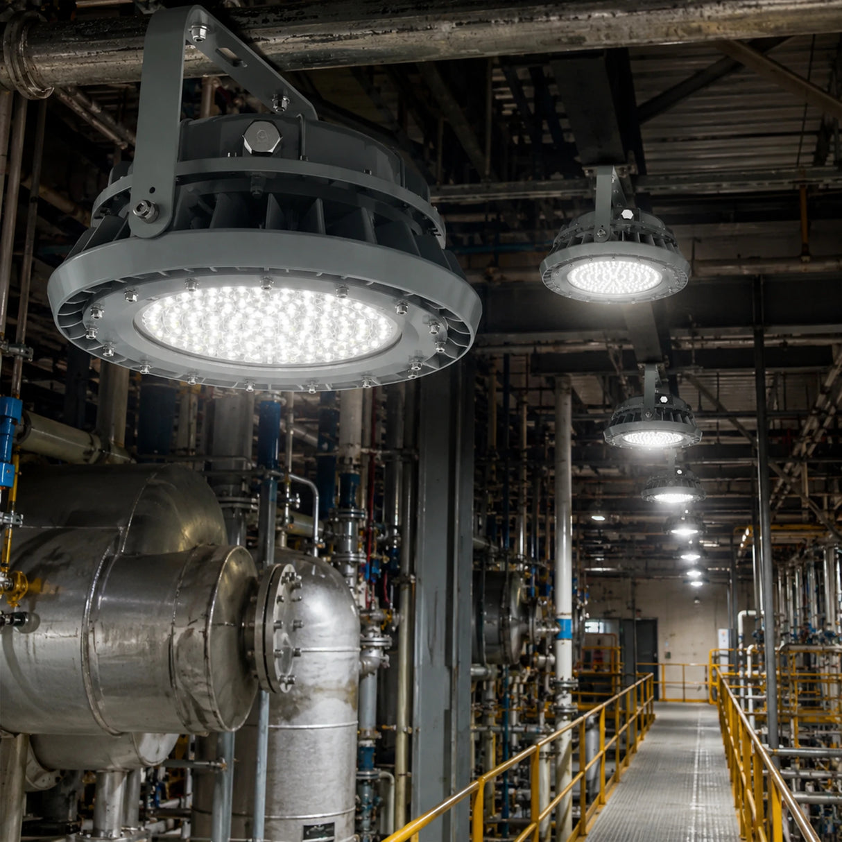 Industrial facility walkway brightly illuminated by high-output LED high bay lights, showcasing uniform lighting and safety compliance in hazardous areas.