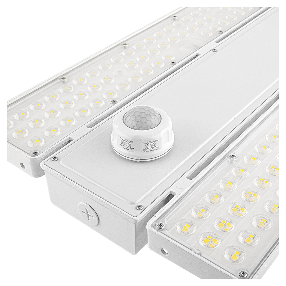 White linear high bay LED fixture with motion sensor and selectable settings for industrial lighting