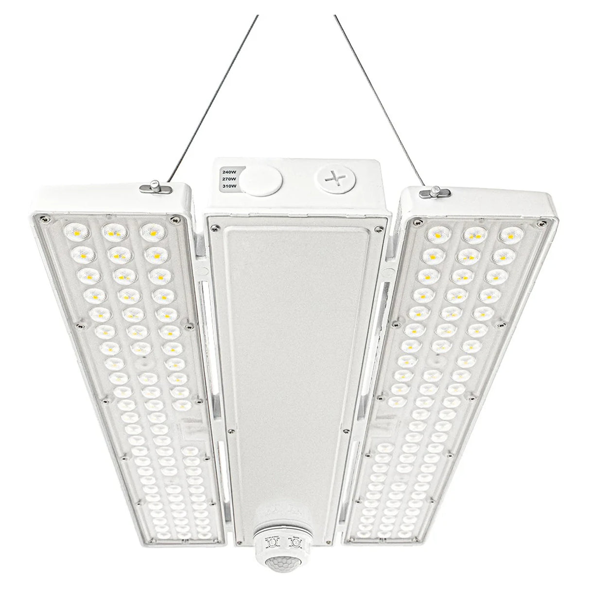 Suspended linear high bay light with dual LED panels and motion sensor on a white background