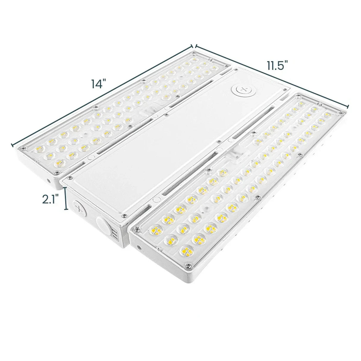 White linear LED high bay light with dual LED panels and selectable wattage design, shown with dimensions