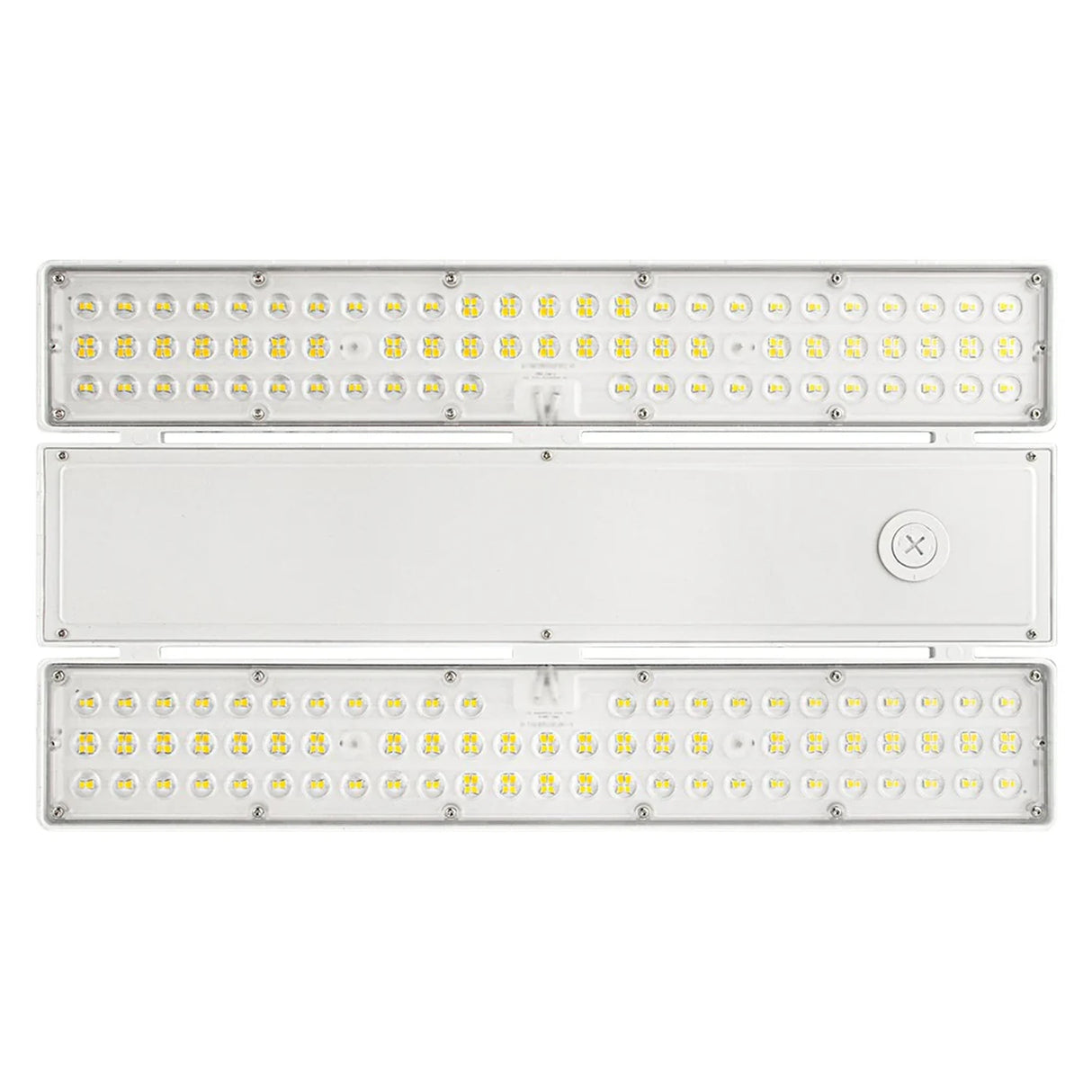 Linear LED high bay light with selectable wattage and CCT, shown with clear lens panels and white housing