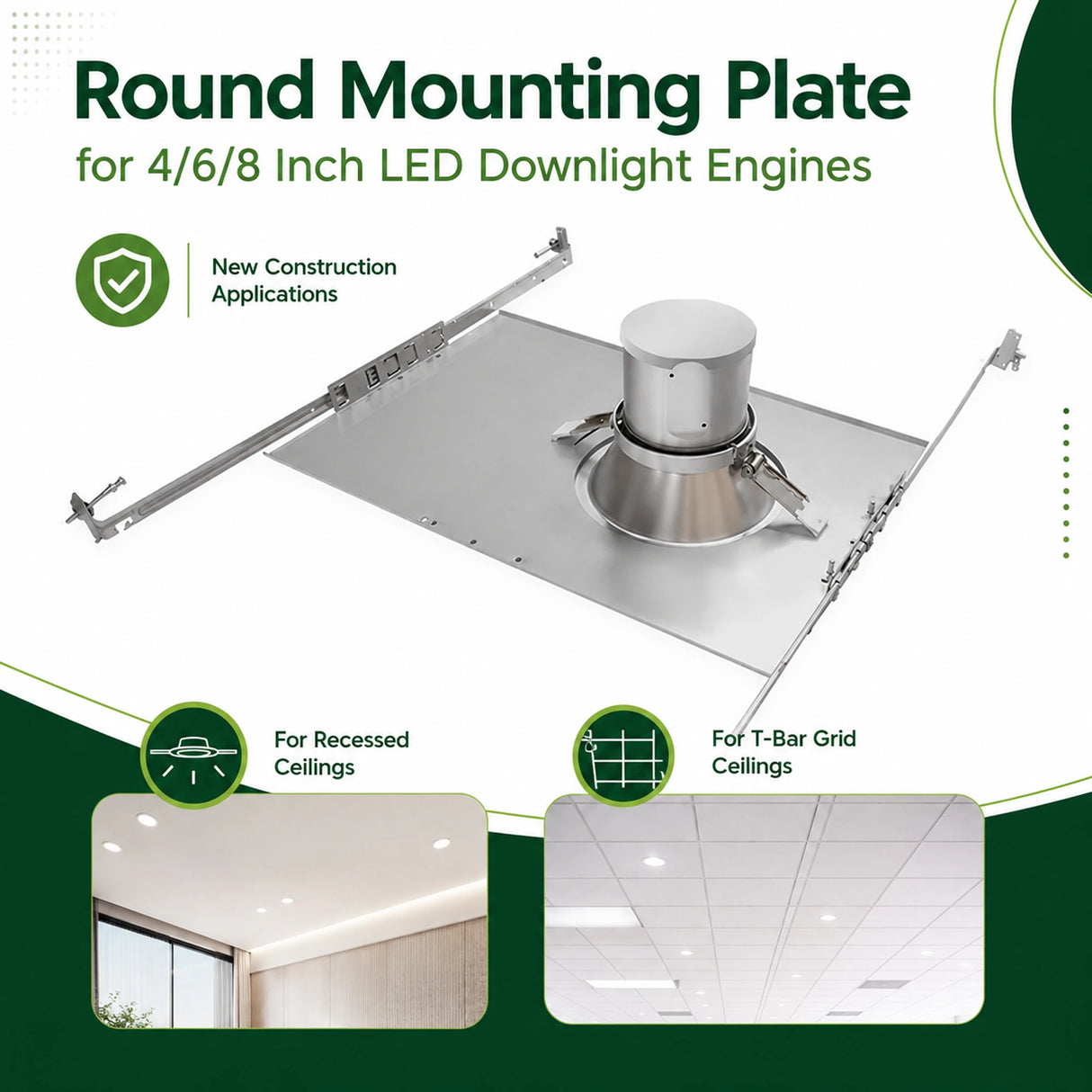 Round metal mounting plate for 4, 6, and 8 inch LED downlight engines, shown for recessed and T-bar grid ceilings