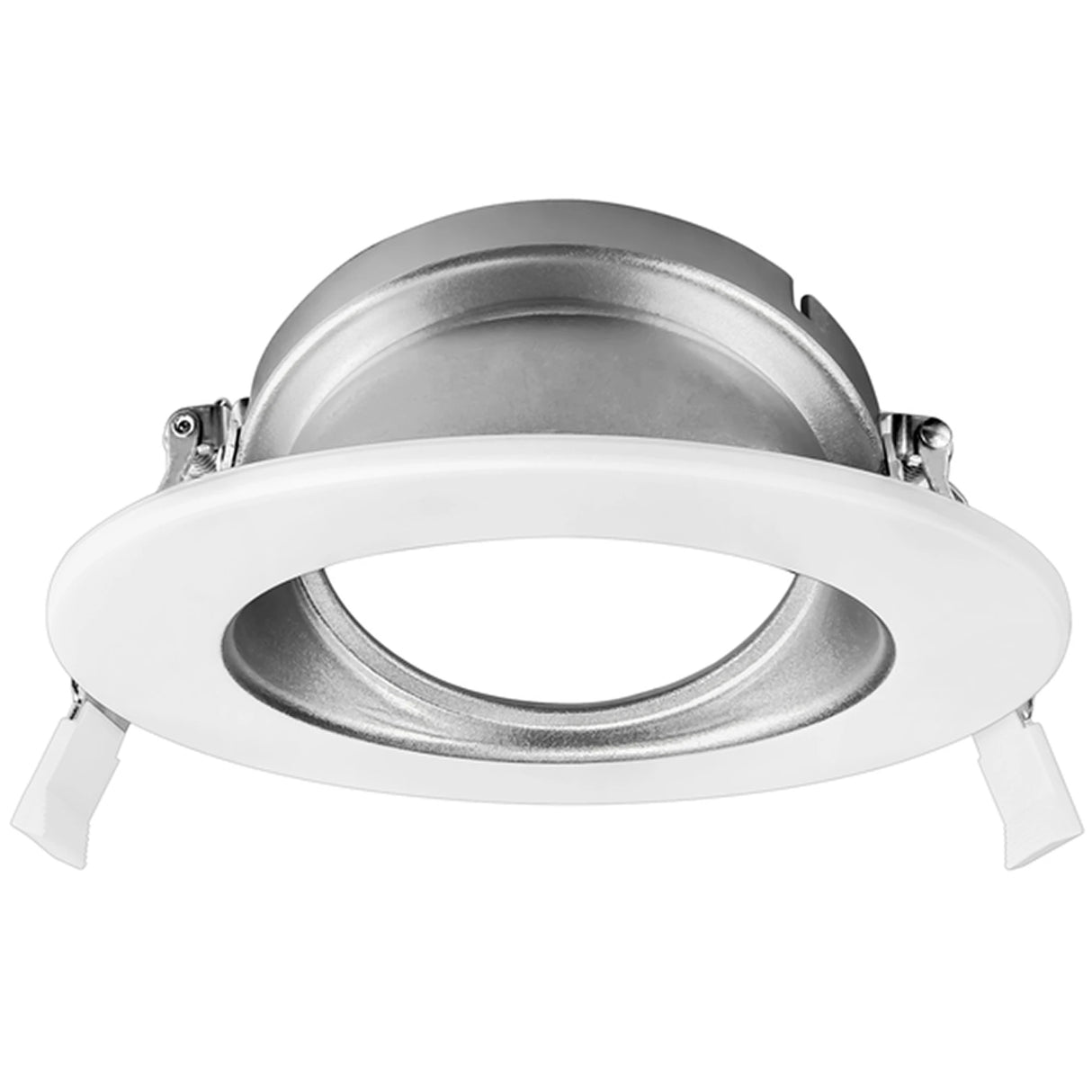 Round white and silver LED wall wash downlight trim with aluminum reflector for recessed ceiling lighting