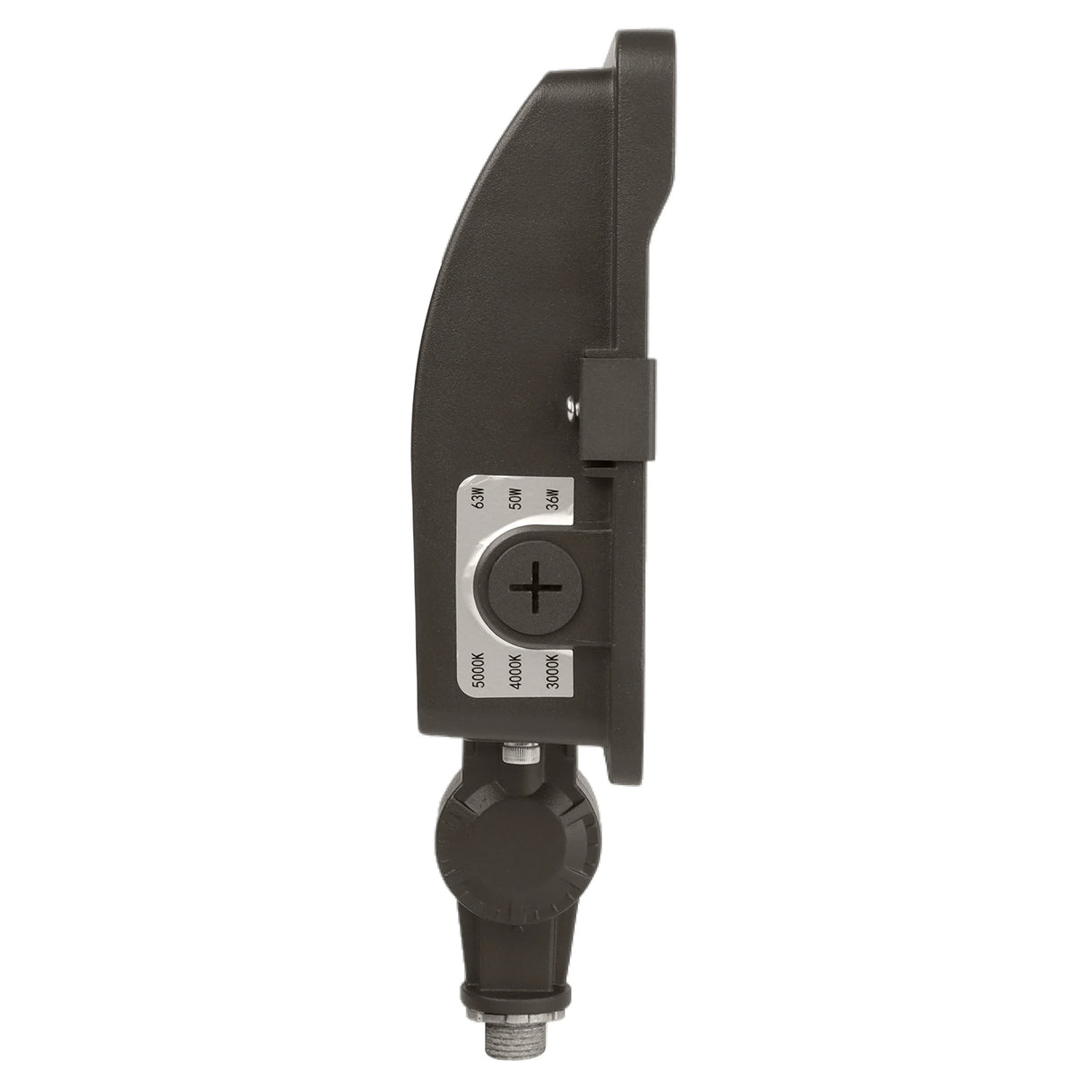 Side view of black LED flood light with selectable wattage and CCT settings on a knuckle mount