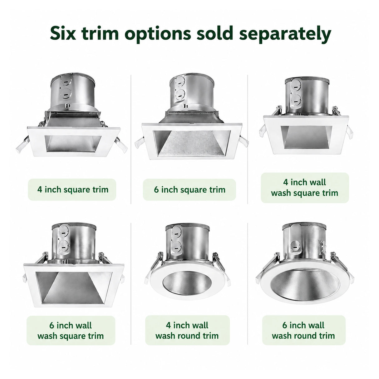 Six sold-separately trim options for recessed LED downlight, including square and round wall wash styles