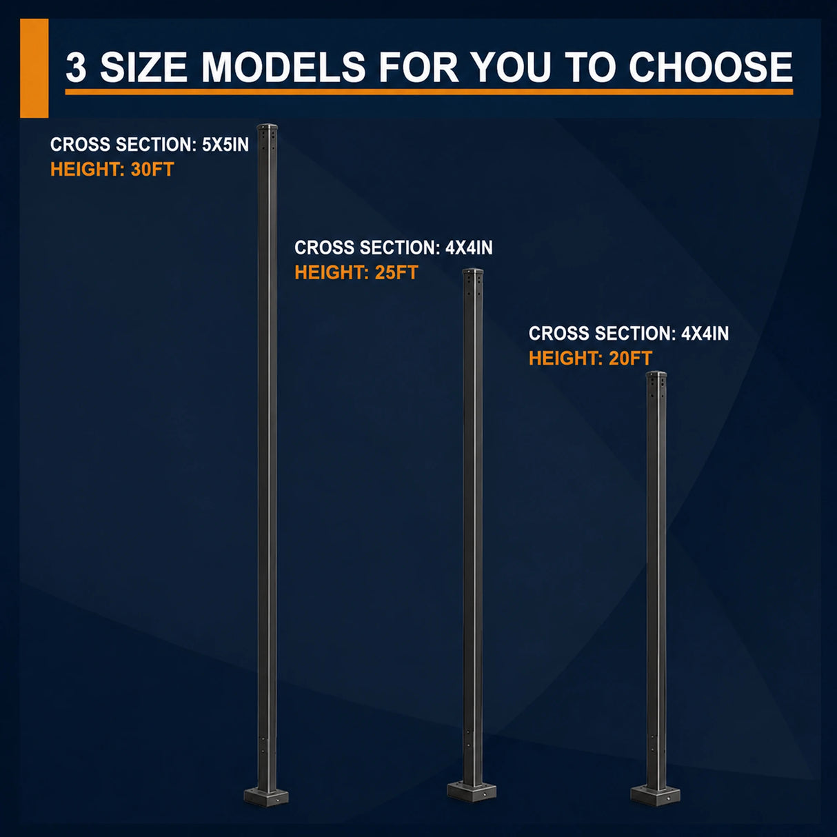 Three square steel light poles shown in 30 ft, 25 ft, and 20 ft height options for parking lots