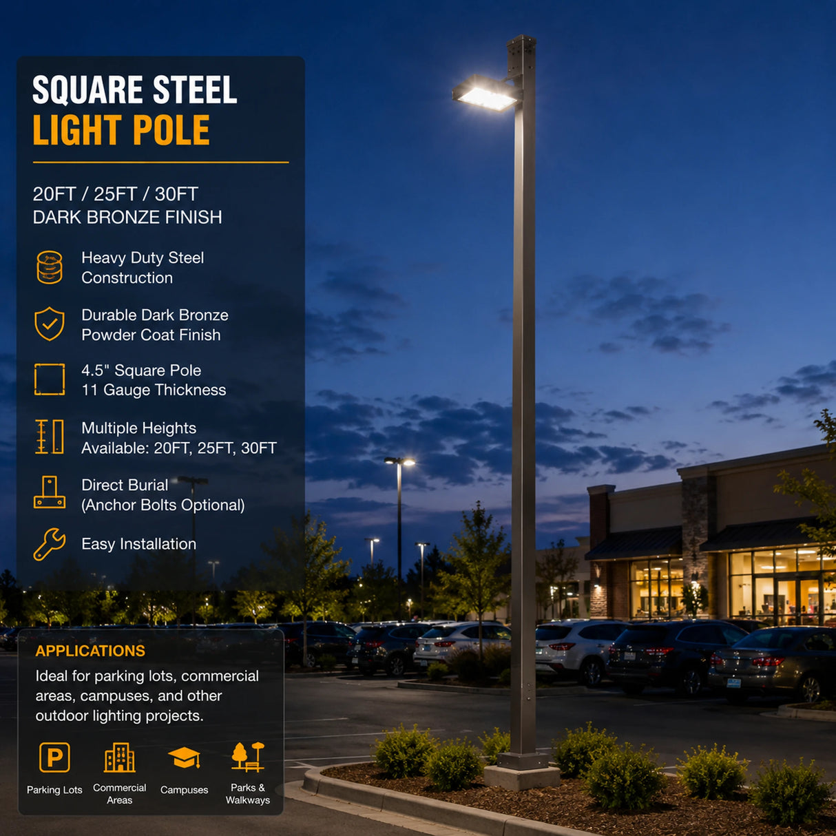 Dark bronze square steel light pole installed in a parking lot at dusk with a mounted area light
