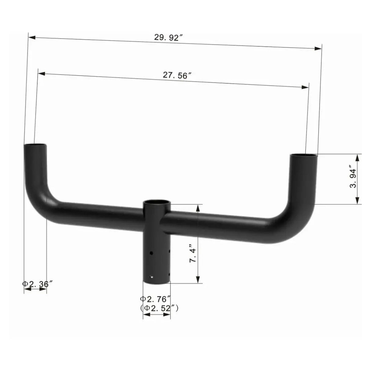 Dimensions diagram of 2-arm steel bullhorn bracket: 29.92 in wide, 2-3/8 in tenon, for area and flood lights