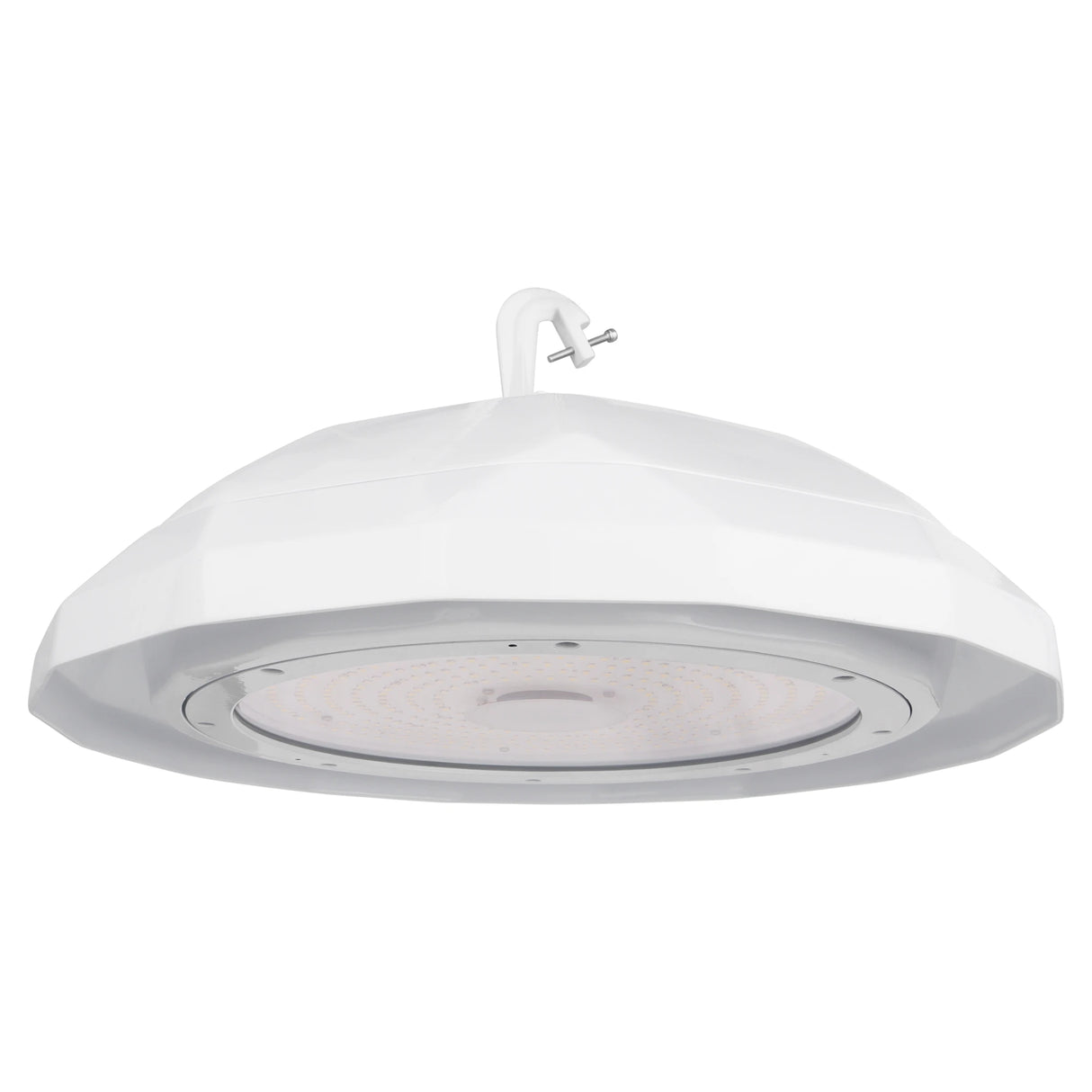 UFO LED High Bay Light Angled View Showing PC Lens and Hook Mount - High Lumen Industrial Ceiling Light