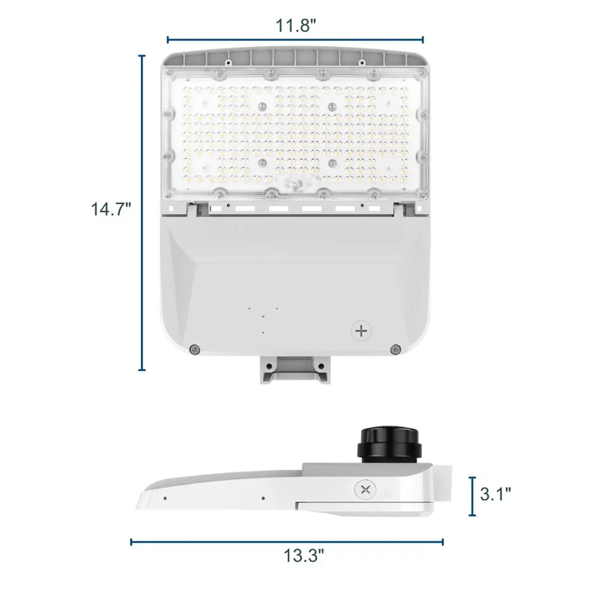 White LED area light with adjustable mounting arm and labeled dimensions, front and side views