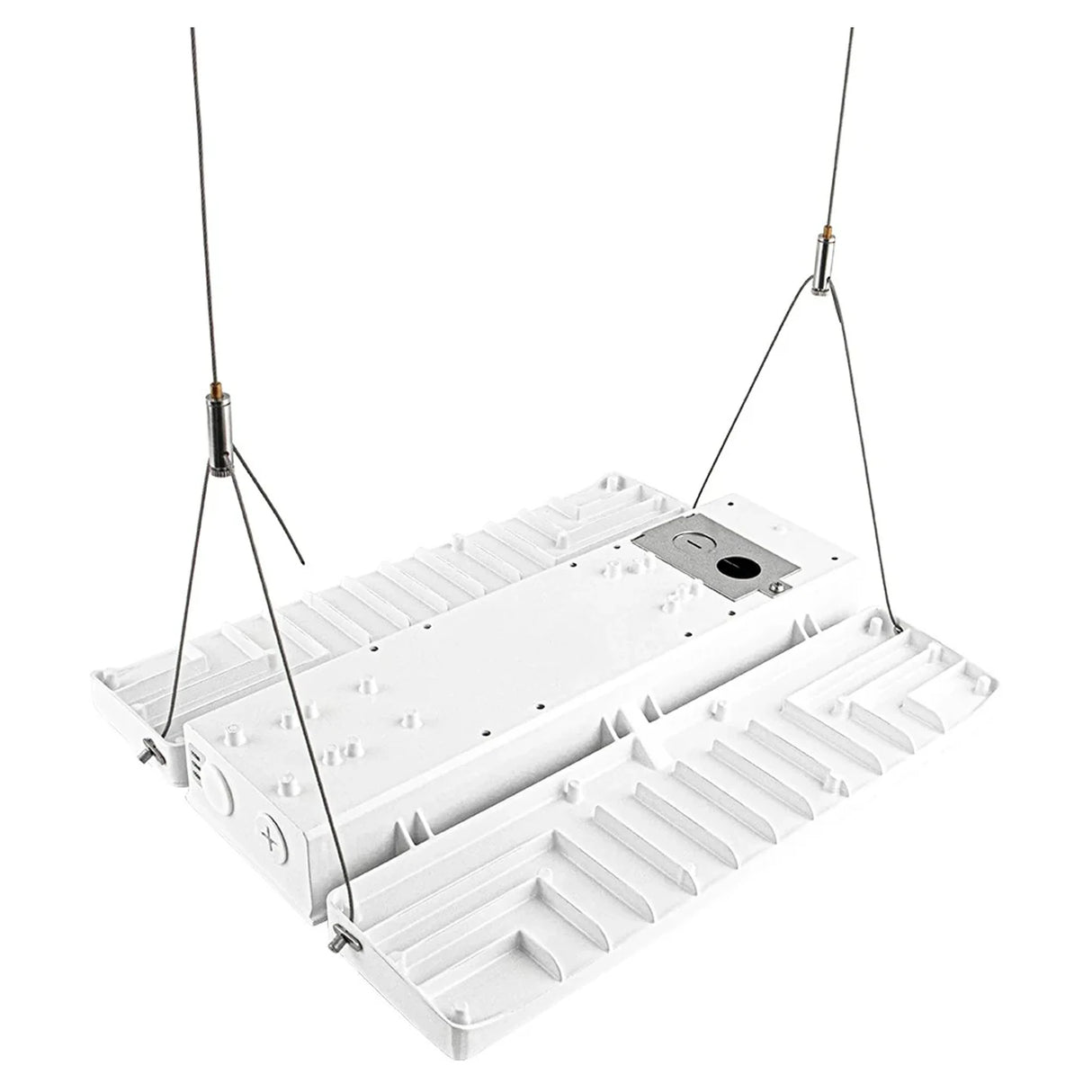 White linear high bay LED light fixture shown with hanging cables and ribbed heat sink housing