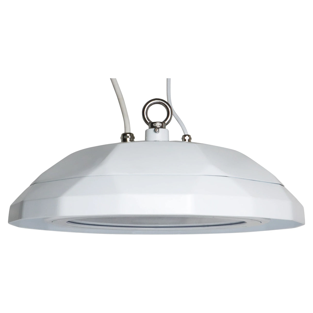 white ufo led high bay light with glass lens and hanging eyelet mount